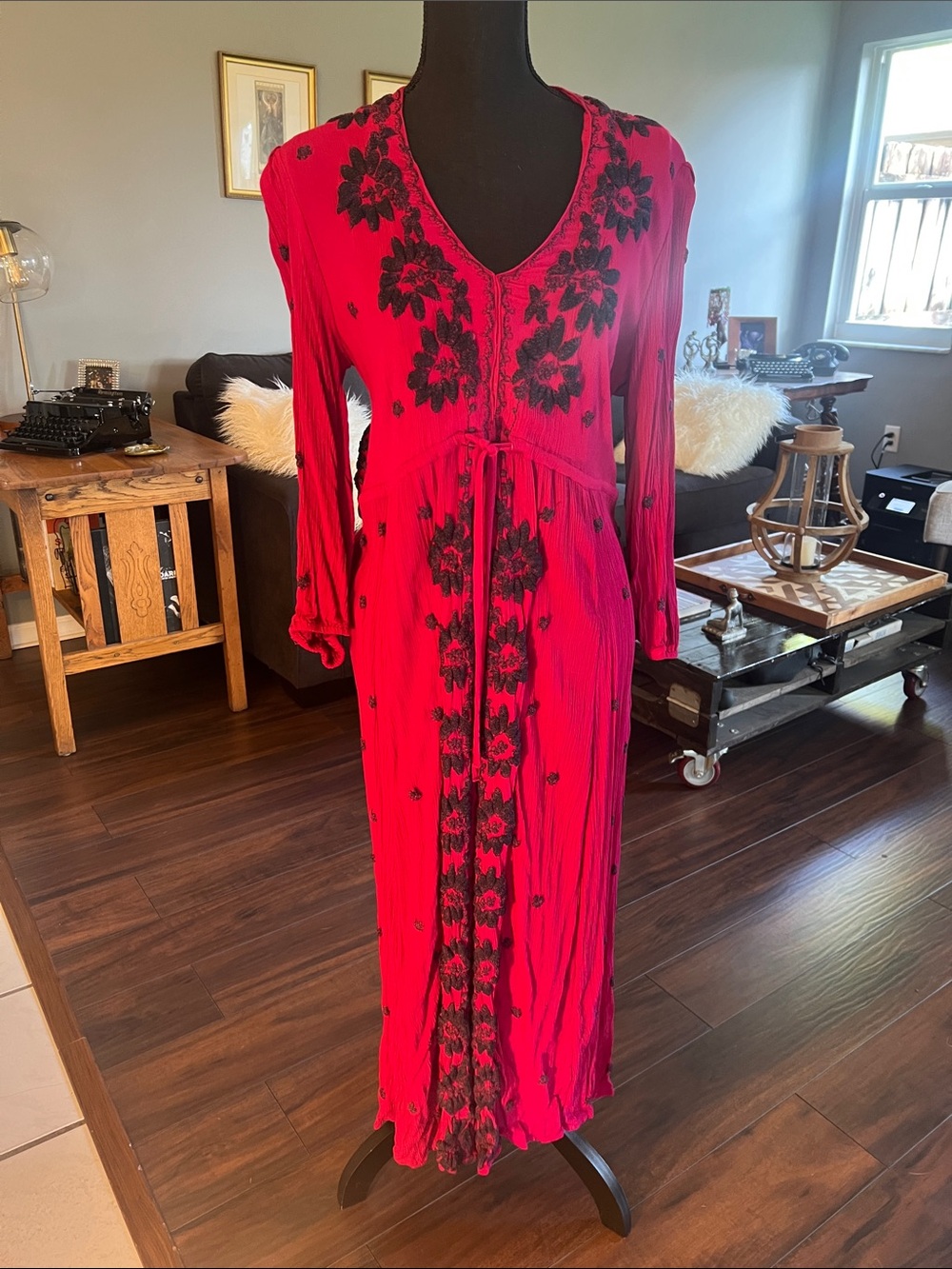 Free People fable dress in magenta with navy embroidery size M